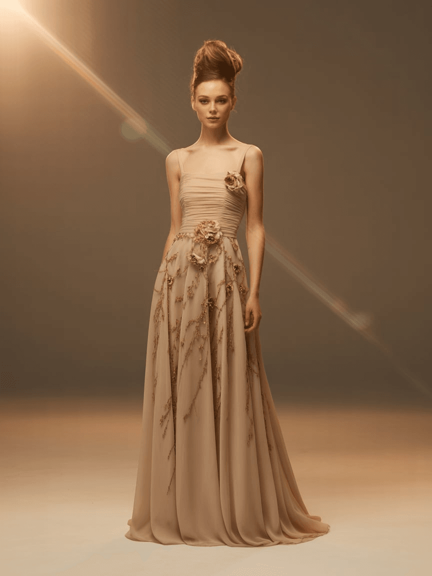 Floor-Length Beige Evening Gown With Ruched Bodice And Golden Floral Embellishments.
