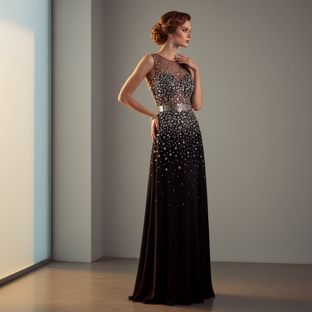 Floor-Length Black Evening Gown With Sheer Sparkling Bodice And Metallic Waist Detailing.
