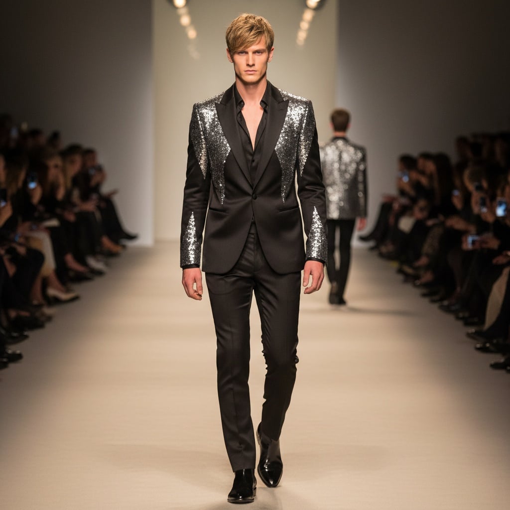 Black Satin Suit With Silver Sequin Details On The Shoulders And Chest.