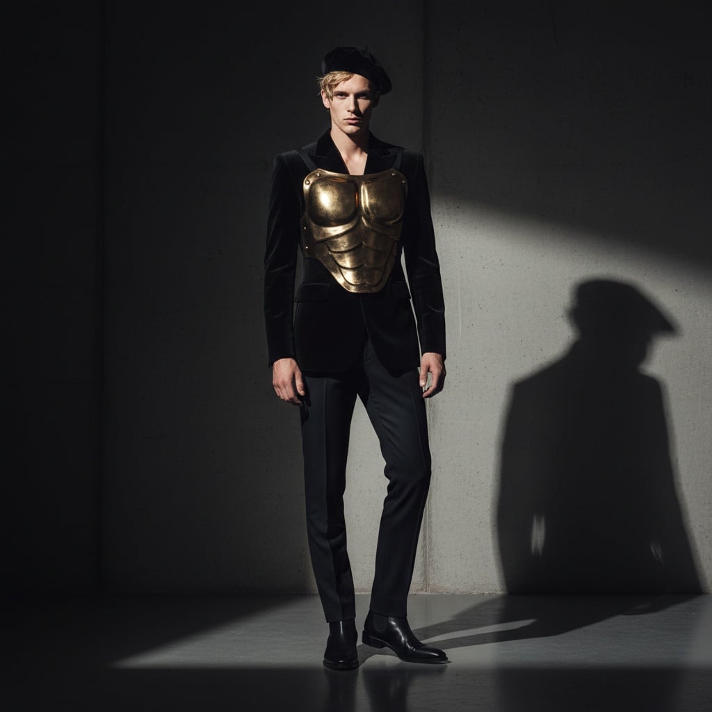 Black Velvet Suit With A Gold Chest Plate, Paired With A Beret And Tailored Trousers