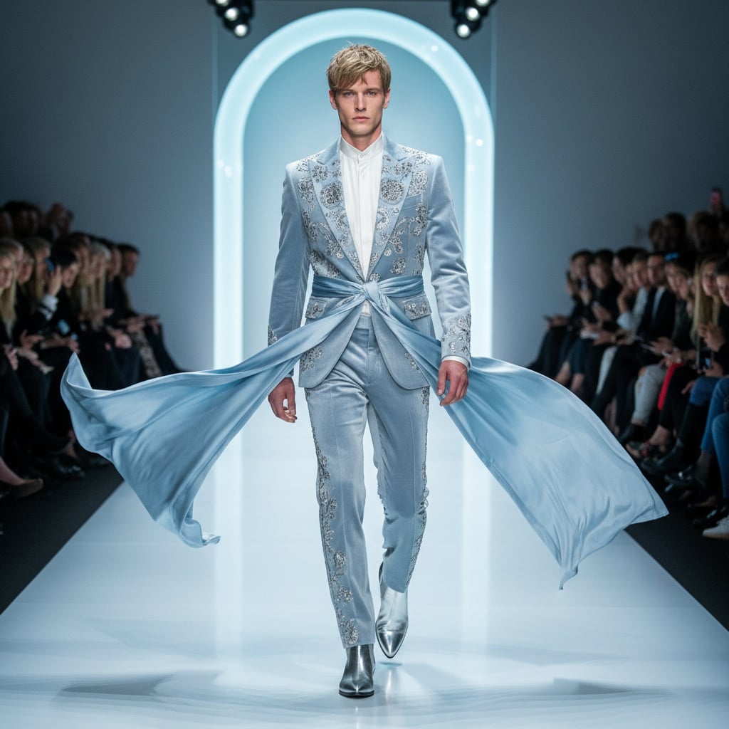 Light Blue Velvet Suit With Intricate Silver Embellishments And A Flowing Sash.