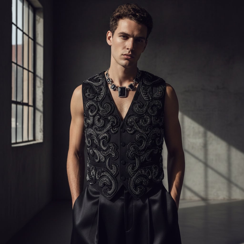 Black Vest With Beadwork And Satin Trousers, Accessorized With A Statement Necklace.