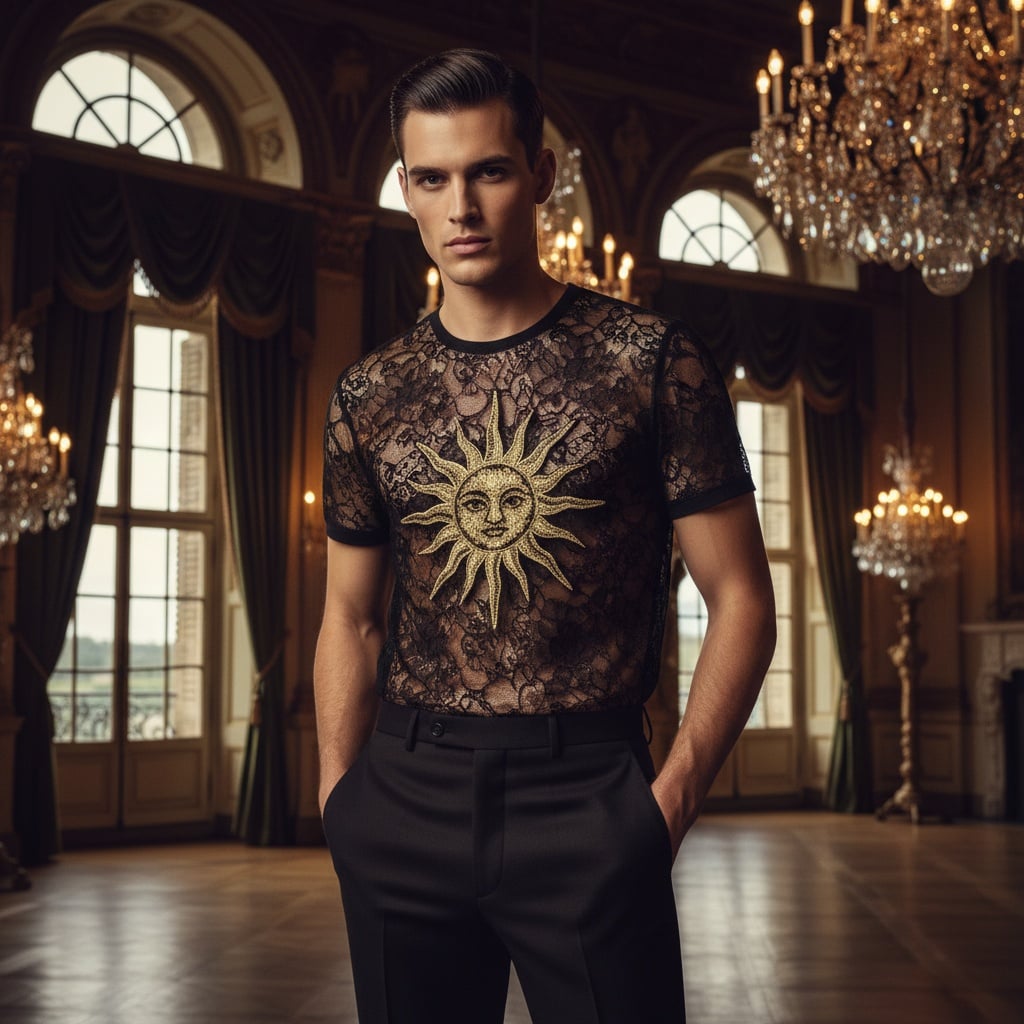 Black Sheer Lace Top With A Bold Gold Sun-Shaped Embroidery At The Chest, Paired With Tailored Black Pants.