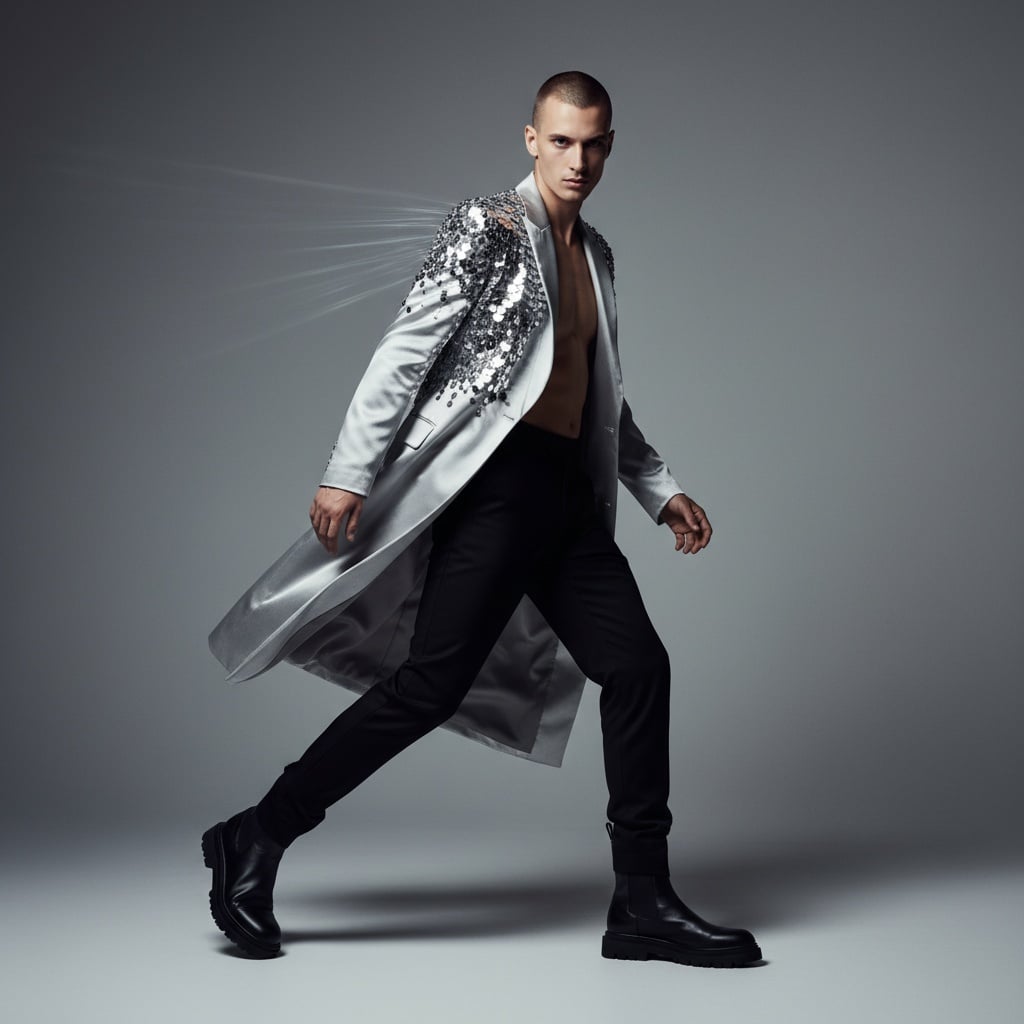 Silver Satin Overcoat With Metallic Sequins On The Shoulders, Paired With Black Trousers And Boots.