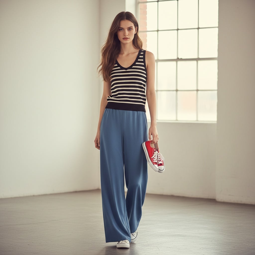 Black And White Tank Top Paired With Blue Wide-Leg Pants And Red Sneakers Held In Hand.