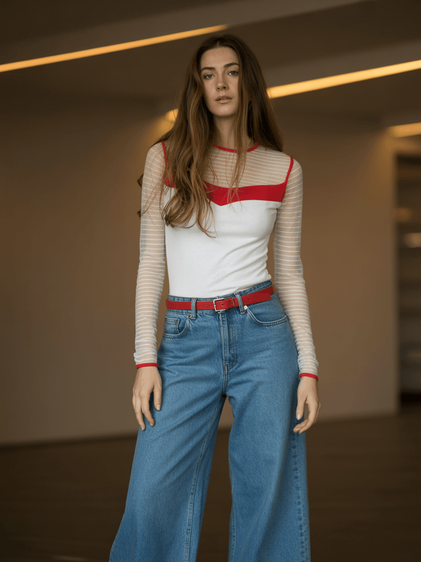 White Top With Red Accents, Sheer Sleeves, And Blue Wide-Leg Jeans With A Red Belt.