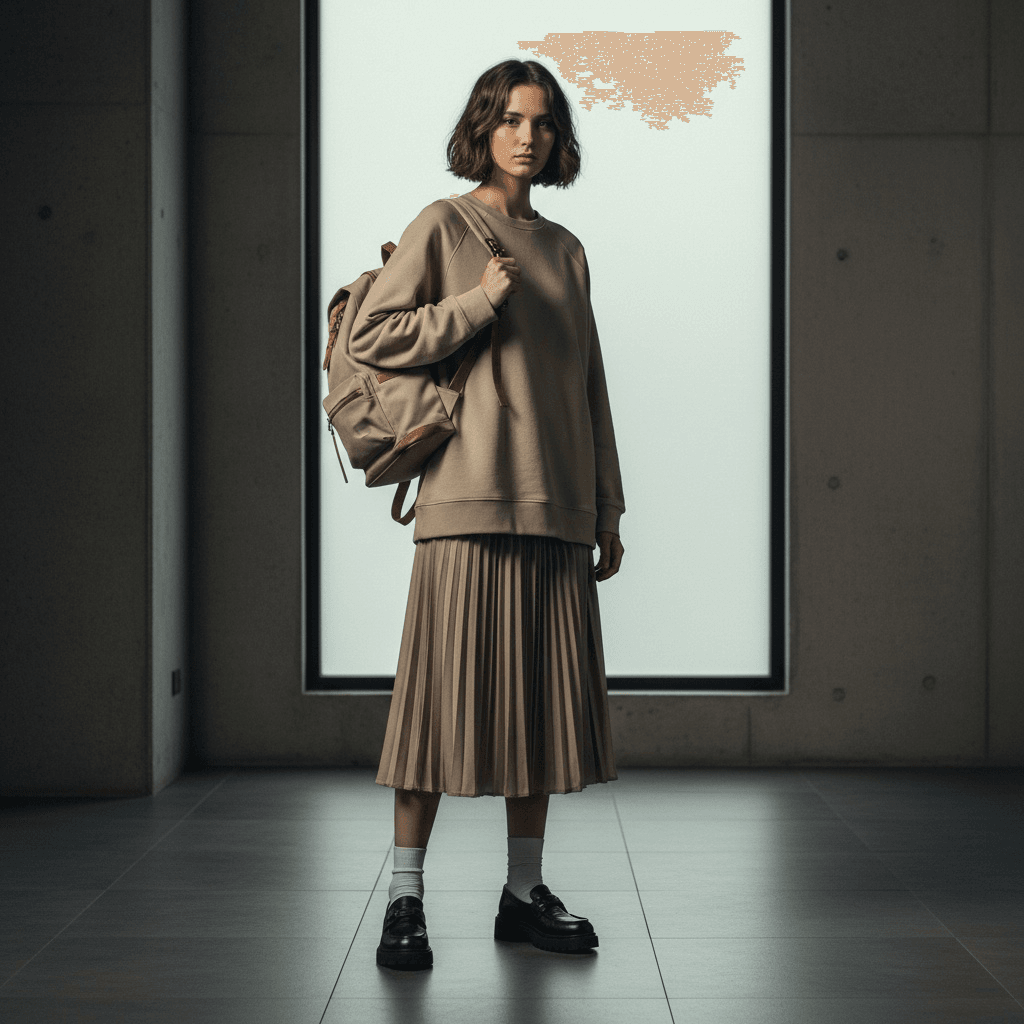 Beige Sweatshirt With Pleated Beige Skirt, Paired With A Beige Backpack And Black Shoes.