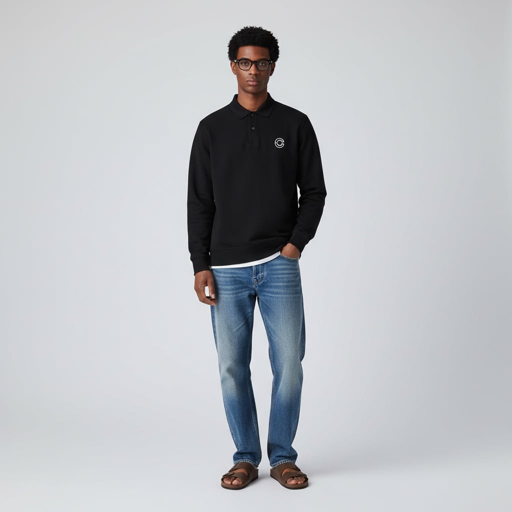 Black Polo Sweatshirt With A Logo, Paired With Loose, Faded Blue Jeans And Brown Slides.