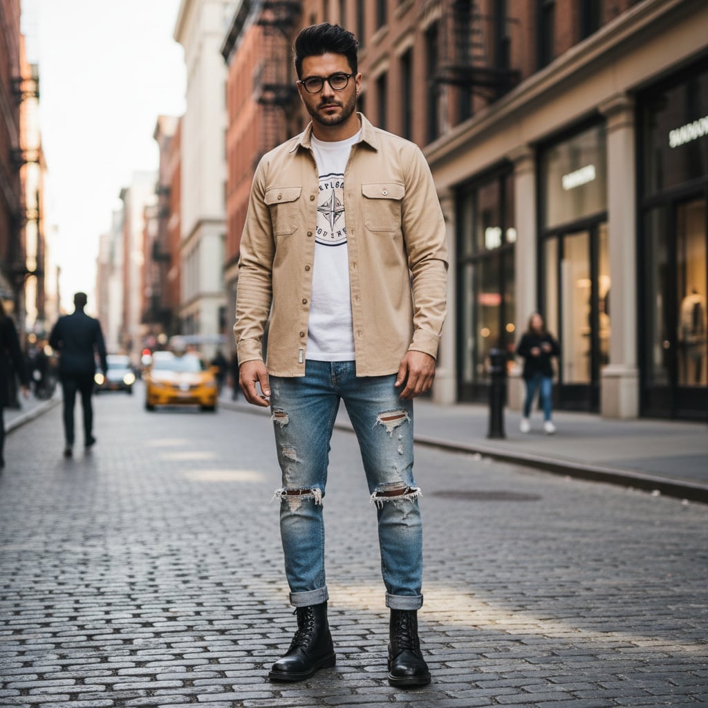 Beige Shirt With A Logo, Paired With Distressed Blue Jeans And Black Boots.
