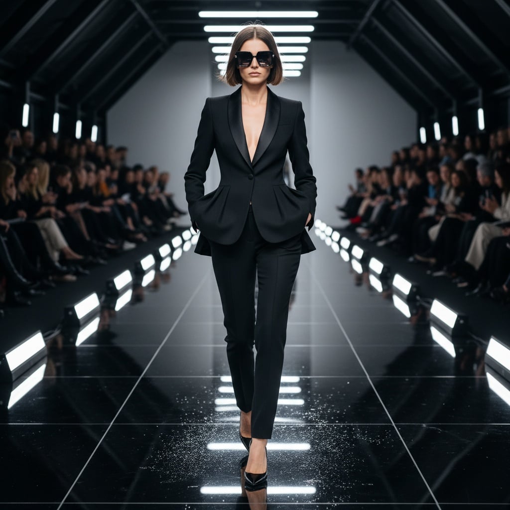 Black Tailored Suit With A Satin Collar And A Fitted Waist, Paired With Black High Heels.