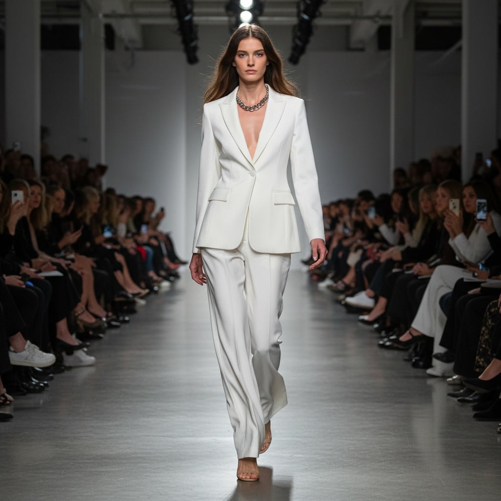 White Tailored Suit With Wide-Leg Pants, Paired With A Silver Chain Necklace And Nude Sandals.