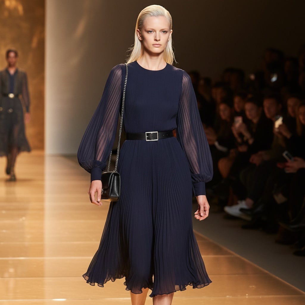 Navy Pleated Dress With Long Sheer Sleeves, A Black Belt, And A Small Bag.