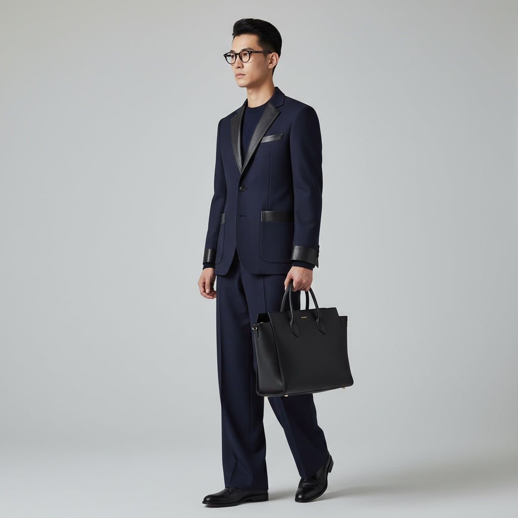 Navy Tailored Jacket With Black Leather Details, Matching Wide-Leg Trousers, Black Leather Shoes, And A Structured Black Tote Bag.