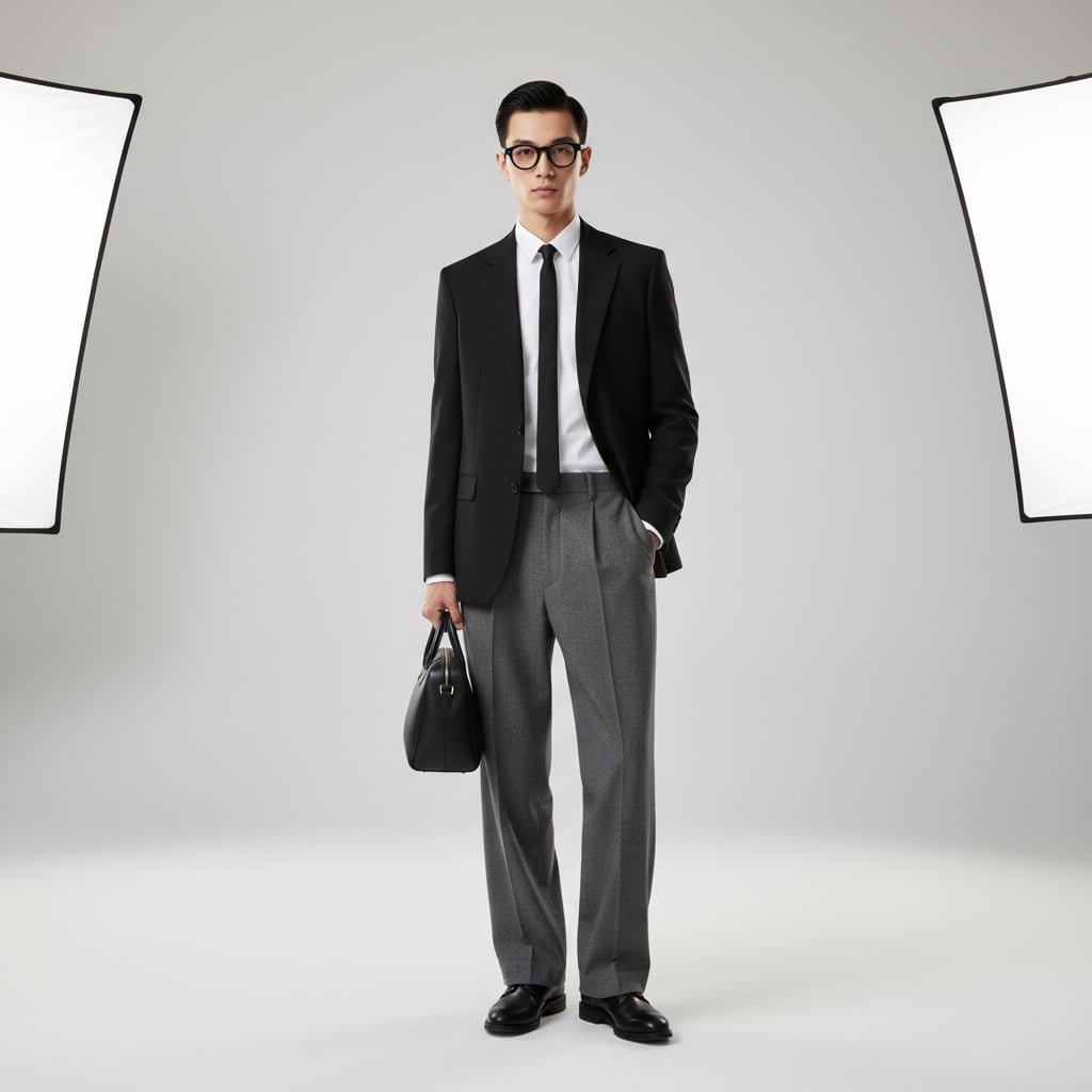 Black Jacket Over White Shirt With Black Tie, Grey Wide-Leg Trousers, Black Leather Shoes, And A Black Structured Handbag.