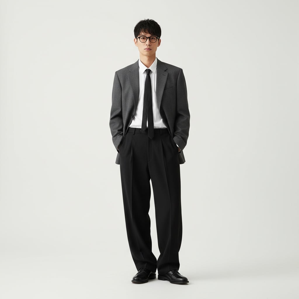 Grey Oversized Blazer With White Shirt And Black Tie, Black Wide-Leg Trousers, And Black Leather Shoes.