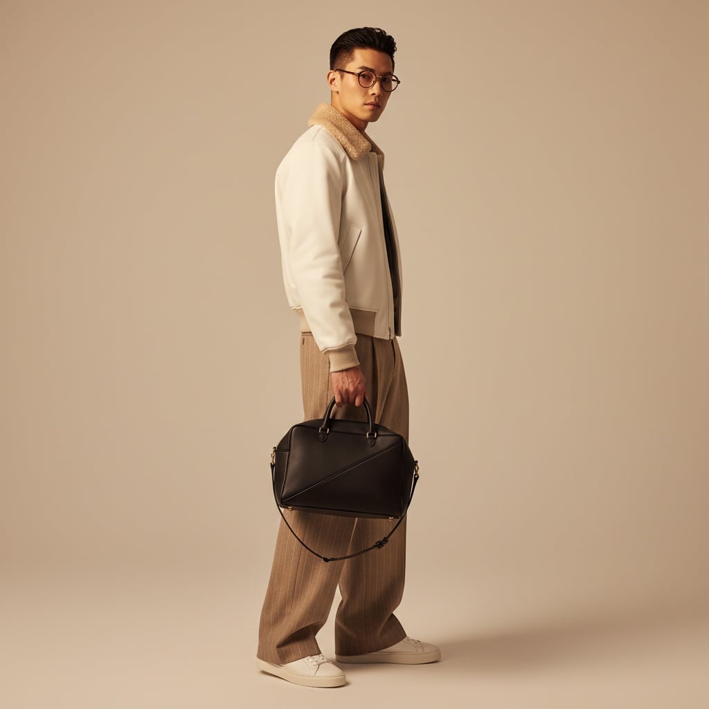 White Jacket With Beige Collar, Light Brown Striped Wide-Leg Trousers, White Sneakers, And A Black Structured Handbag.