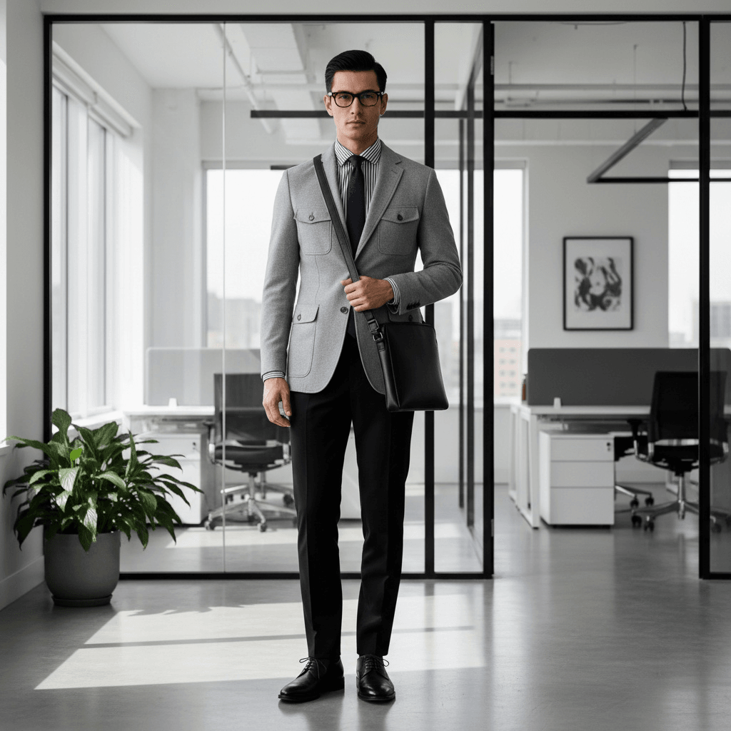 Light Grey Jacket With Flap Pockets, Striped Shirt With Tie, Black Trousers, Black Leather Shoes, And A Black Leather Bag.