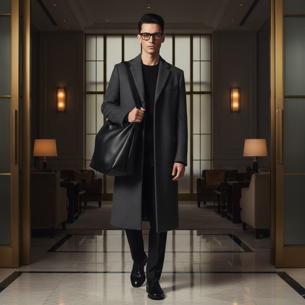 Grey Long Overcoat Layered Over Black Shirt And Black Trousers, Black Leather Shoes, And A Large Black Tote Bag.