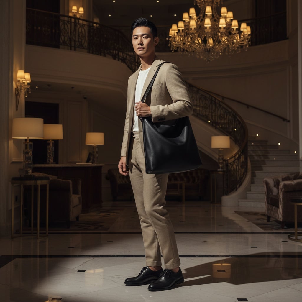 Beige Suit With White T-Shirt, Slim Trousers, Black Leather Shoes, And A Black Tote Bag.