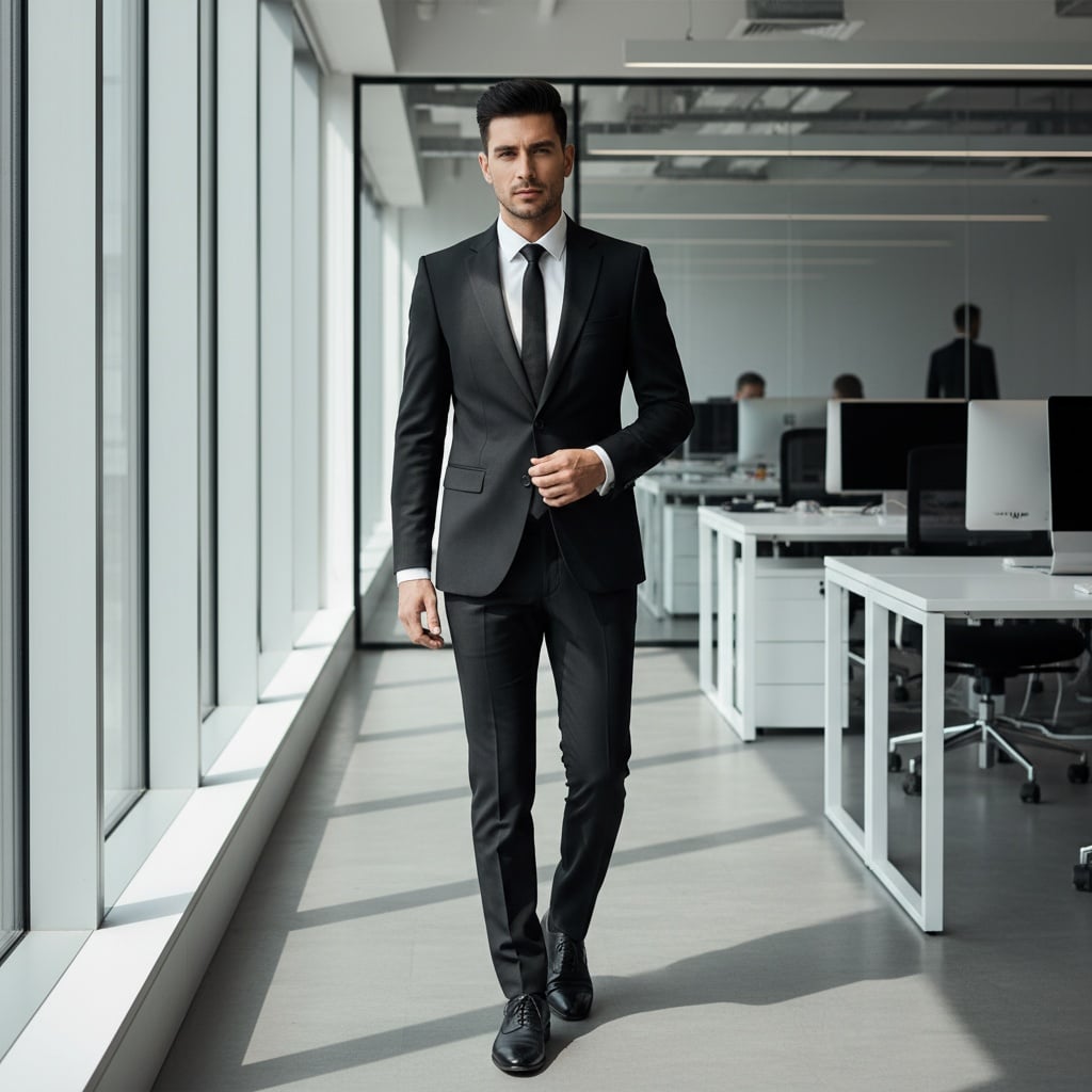 Black Tailored Suit With White Shirt And Black Tie, Paired With Black Trousers And Black Leather Shoes.