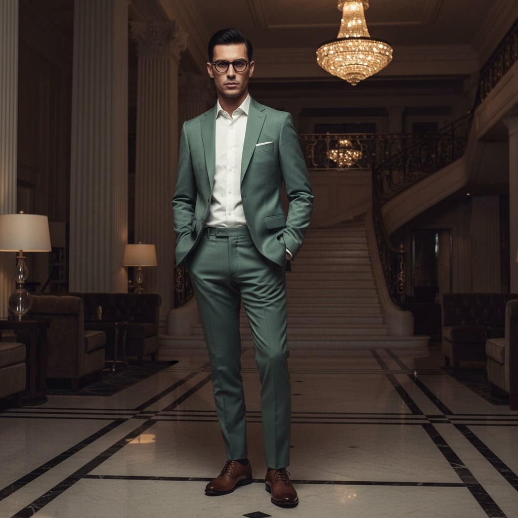 Sage Green Suit With White Shirt, Paired With Slim Trousers And Brown Leather Shoes.