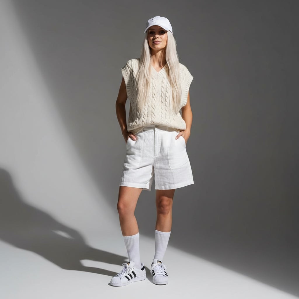 Cream Knit Vest With White Shorts, White Baseball Cap, White Crew Socks, And White Adidas Sneakers With Black Stripes.
