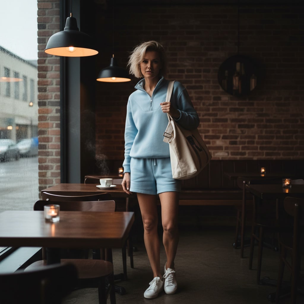 Light Blue Half-Zip Sweatshirt With Matching Shorts, Paired With White Sneakers And A White Sports Tote Bag.