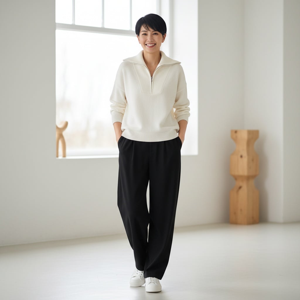 White Half-Zip Pullover With Wide-Leg Black Trousers, Paired With White Sneakers.