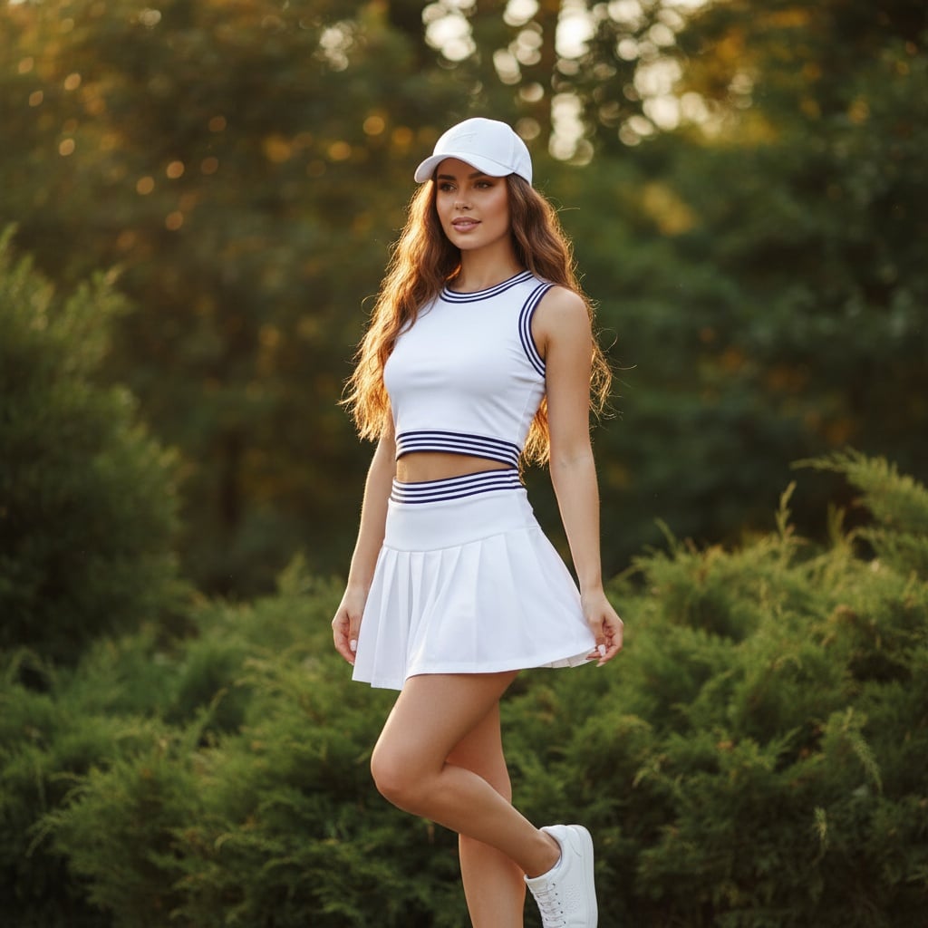 White Sleeveless Crop Top With Navy Trim, Paired With A White Pleated Tennis Skirt, White Cap, And White Sneakers.