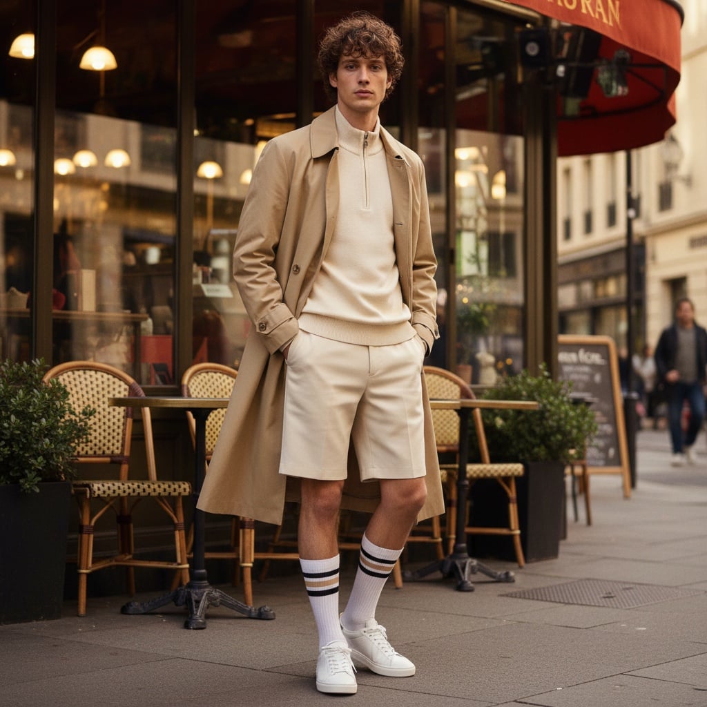 Beige Trench Coat Layered Over Cream Half-Zip Top And Cream Shorts, Paired With White Striped Socks And White Sneakers.