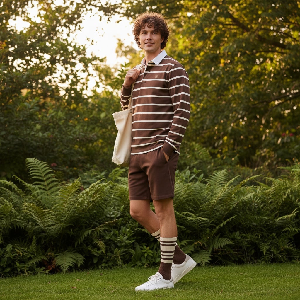 Brown And White Rugby Shirt With Matching Brown Shorts, Paired With Striped Socks, White Sneakers, And A Cream Tote Bag.