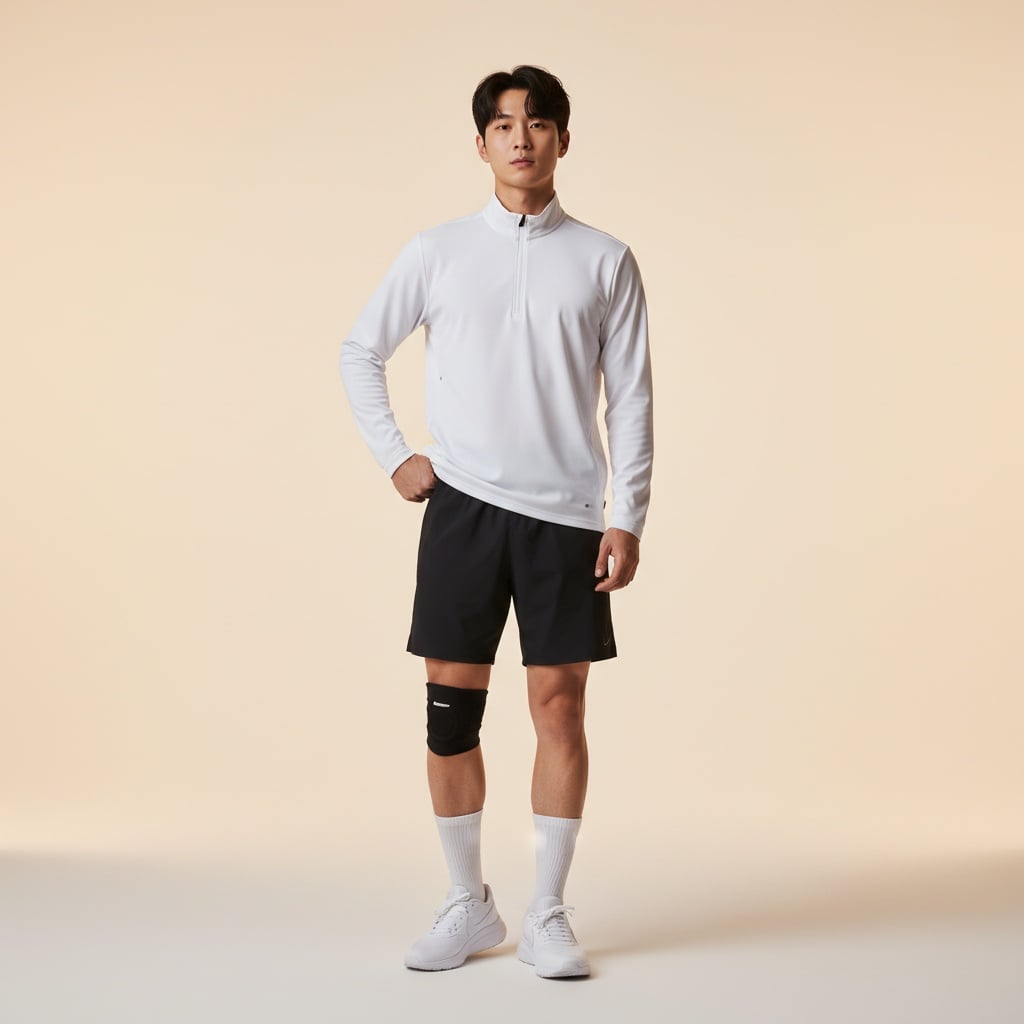White Half-Zip Training Top With Black Shorts, Paired With White Socks, White Nike Sneakers, And A Knee Guard.