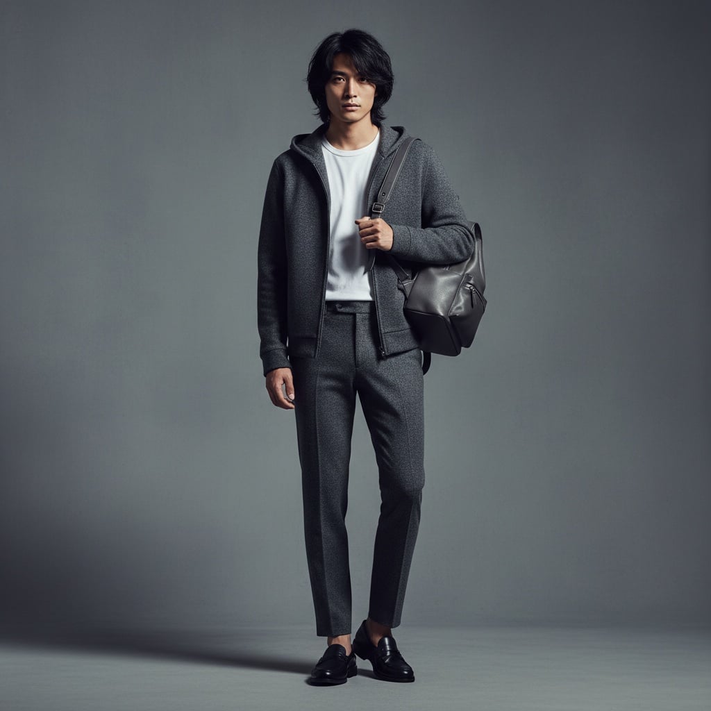 Grey Hooded Zip-Up Jacket With Matching Tailored Pants, Styled With A White T-Shirt, Black Loafers, And A Grey Leather Backpack.