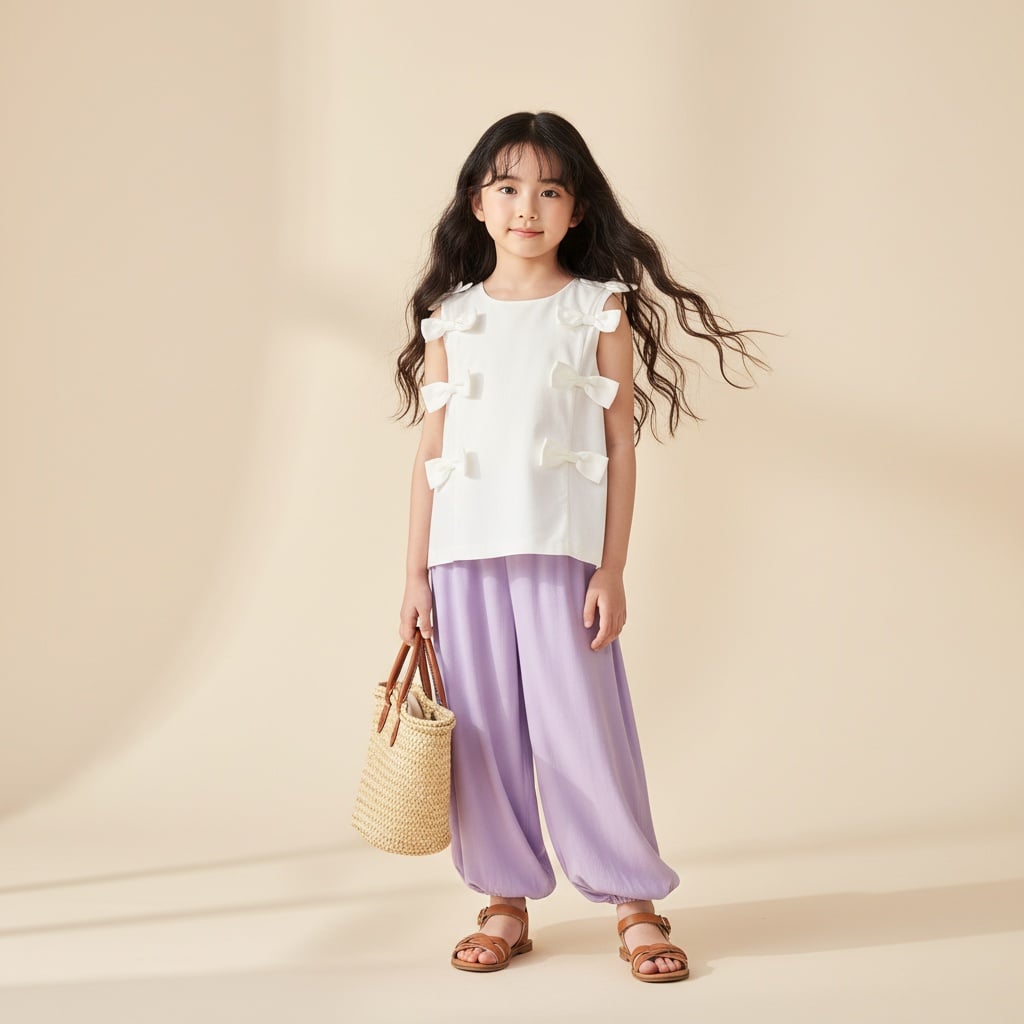 White Sleeveless Top With Bow Details, Paired With Lavender Wide-Leg Pants, Straw Tote Bag, And Sandals.