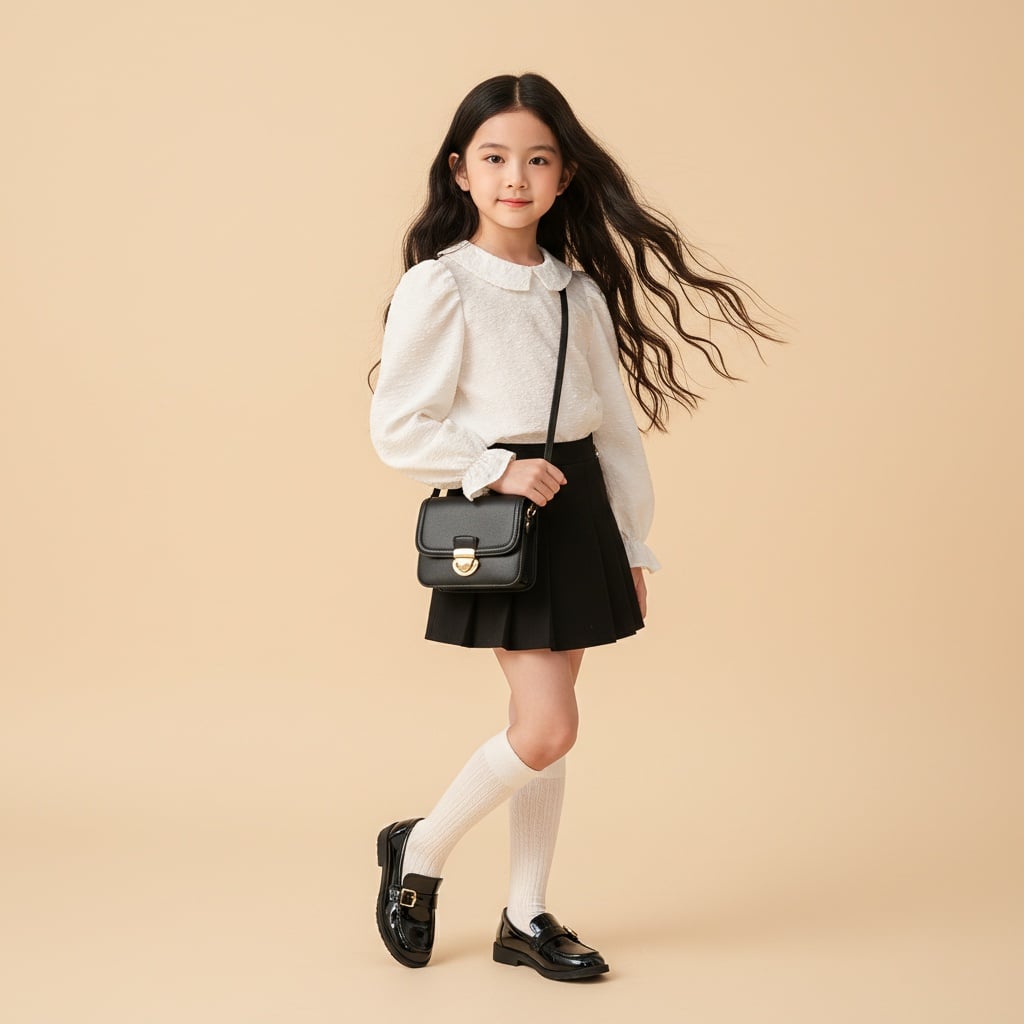 White Puff-Sleeve Blouse With Black Pleated Skirt, Paired With Knee-High Socks, Black Loafers, And A Small Black Satchel Bag.