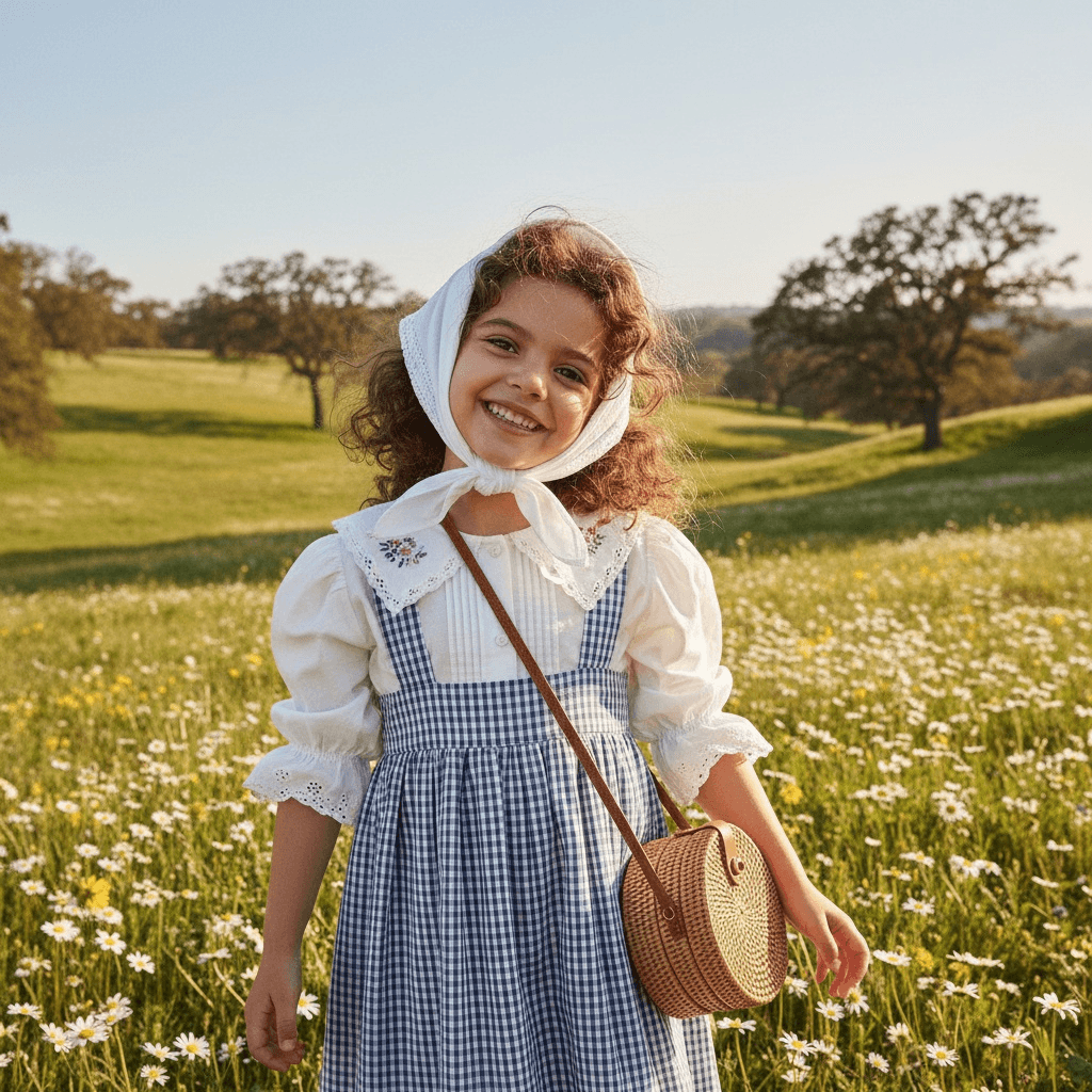 White Puff-Sleeve Blouse With Embroidered Details, Blue Gingham Pinafore Dress, Paired With A White Kerchief And Straw Basket Bag.