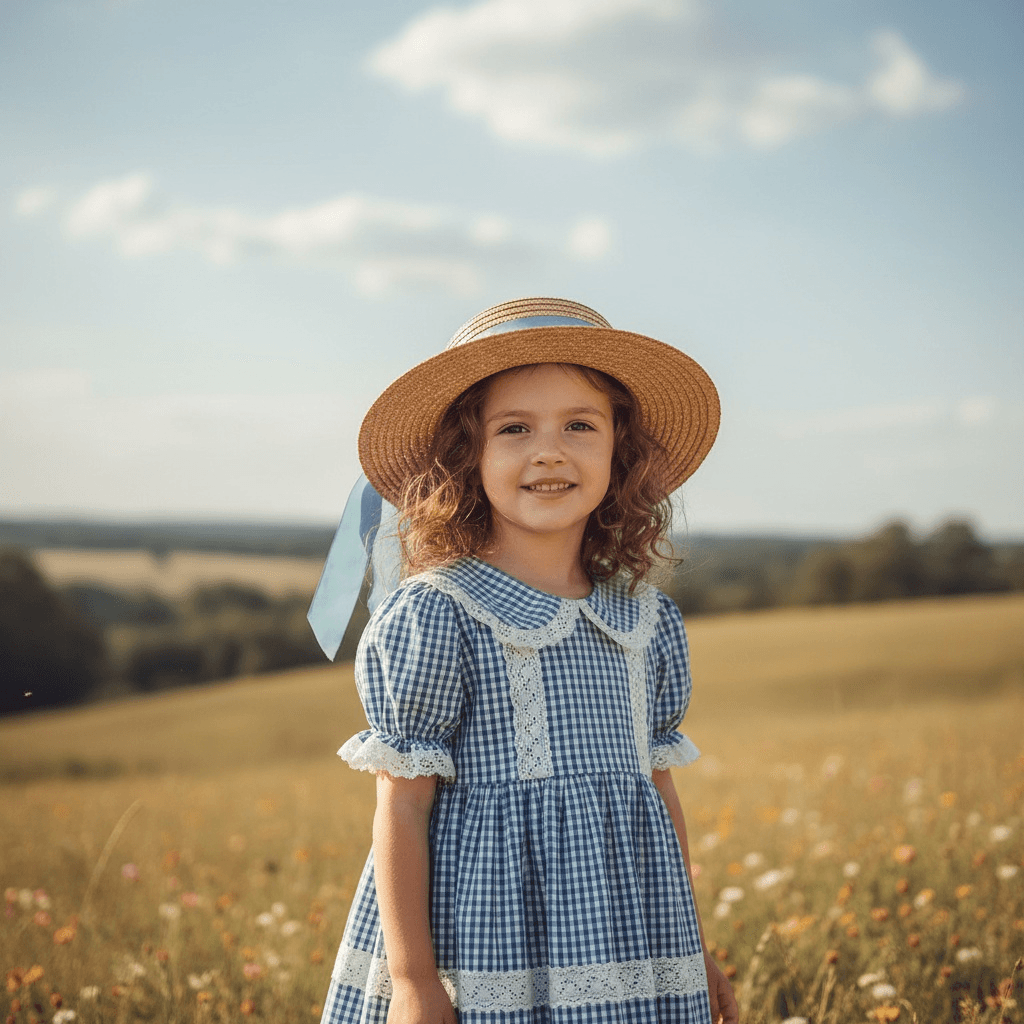 Blue Gingham Dress With White Lace Details, Paired With A Straw Hat With Ribbon Trim.