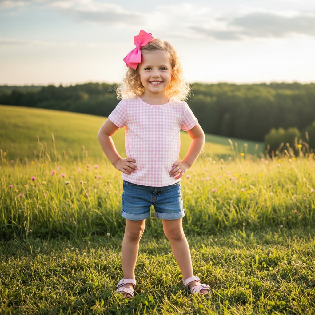 Pink Gingham T-Shirt With Denim Shorts, Paired With A Pink Hair Bow And Casual Sandals.
