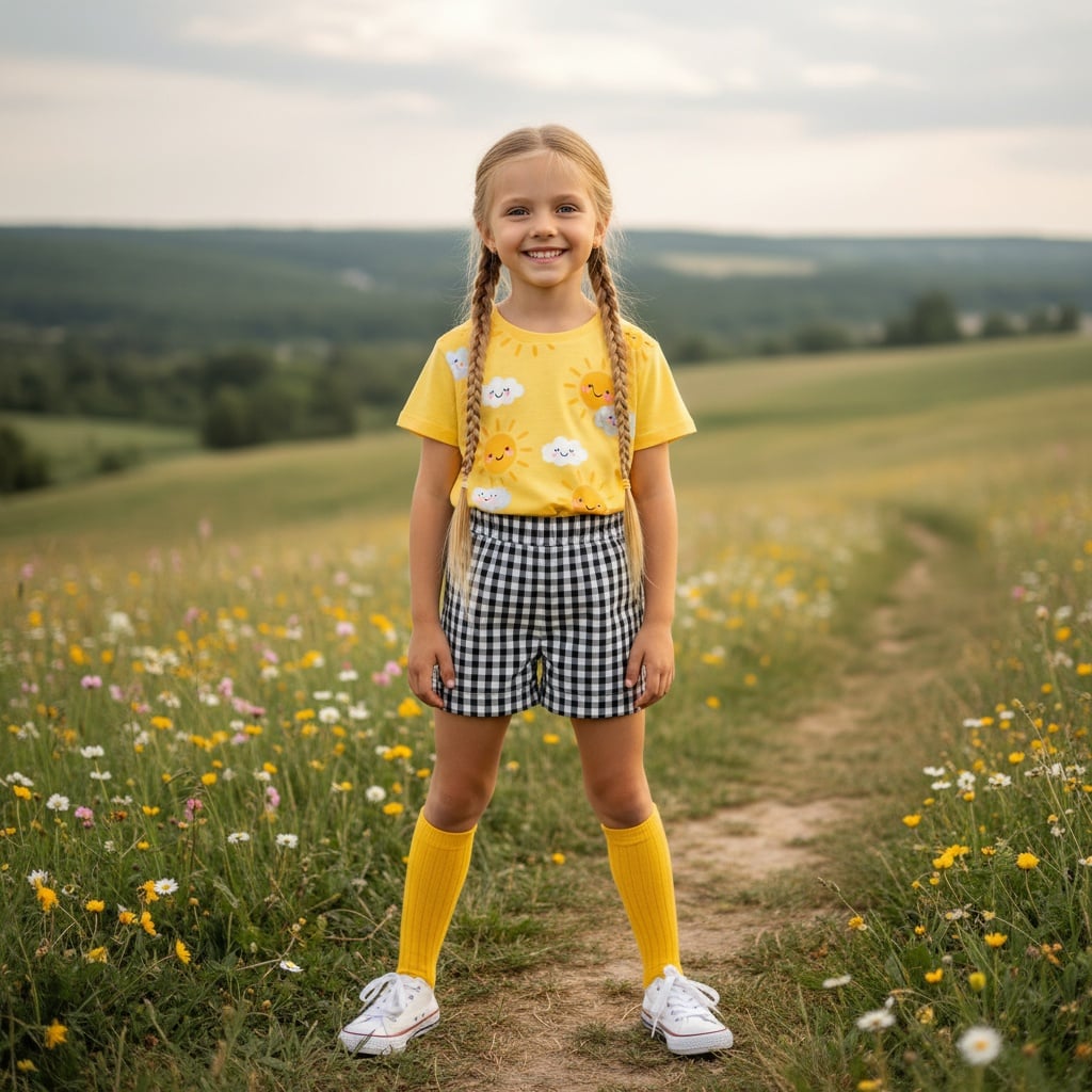 Yellow Printed T-Shirt With Black-And-White Gingham Shorts, Paired With Yellow Socks And White Sneakers.