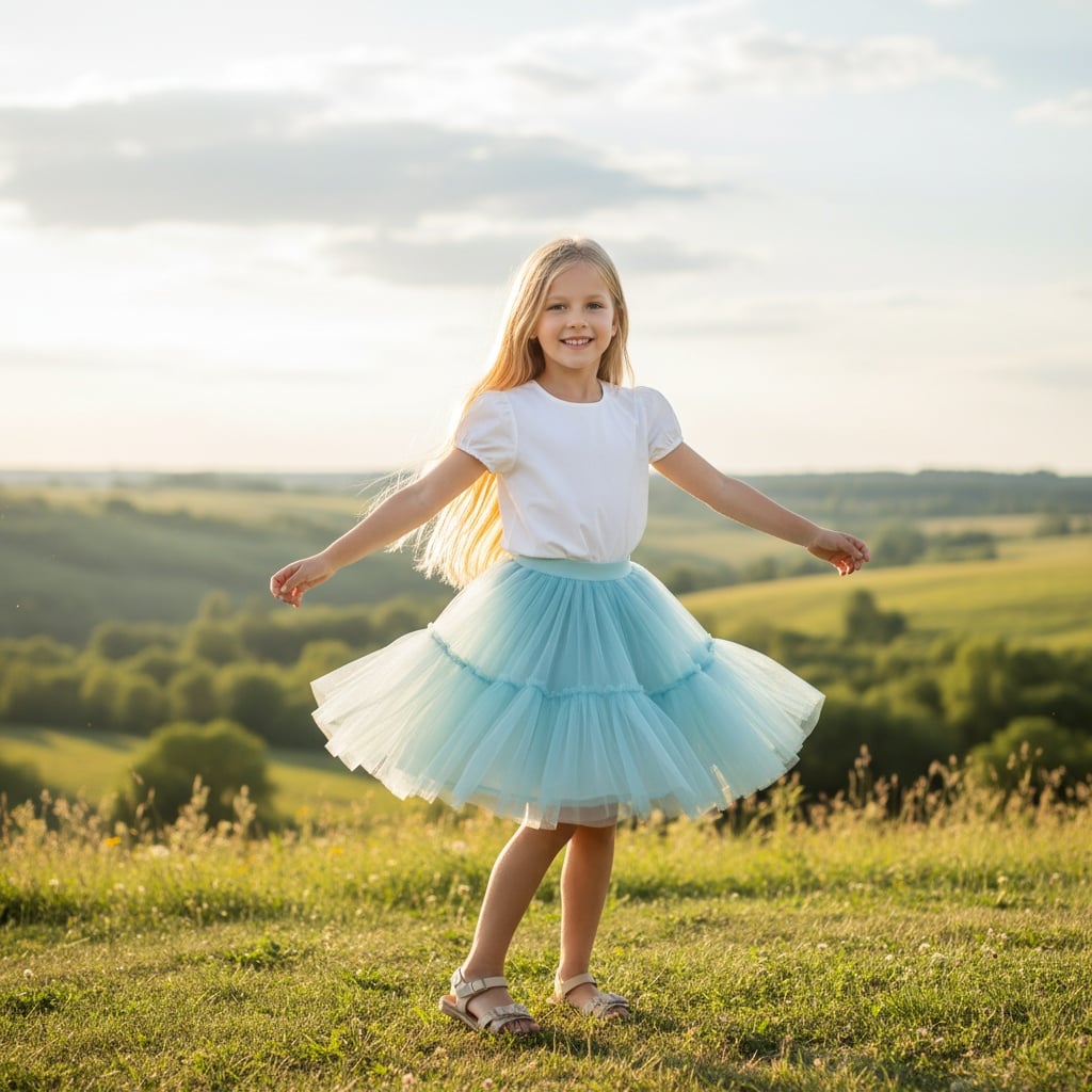 White Short-Sleeve Blouse With Light Blue Tulle Skirt, Paired With Beige Sandals.