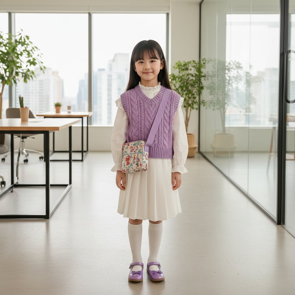 White Blouse Layered With Lavender Knit Vest And Pleated Skirt, Paired With Knee-High Socks, Purple Shoes, And A Printed Bag With Lavender Straps.