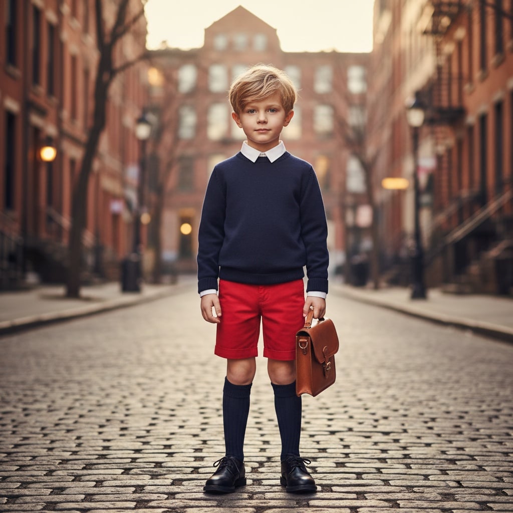 Navy Sweater With Collared Shirt, Red Tailored Shorts, Paired With Navy Knee Socks And Black Lace-Up Shoes.