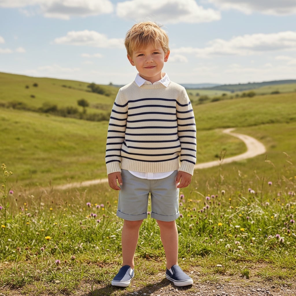 Beige And Navy Striped Sweater With Collared Shirt, Paired With Light Grey Shorts And Navy Slip-On Shoes.