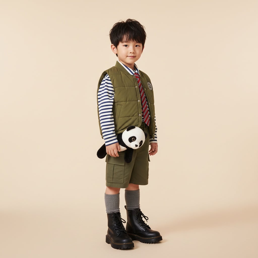 Olive Vest With Striped Shirt And Tie, Paired With Olive Shorts, Panda Toy Accessory, Grey Socks, And Oversized Black Boots.