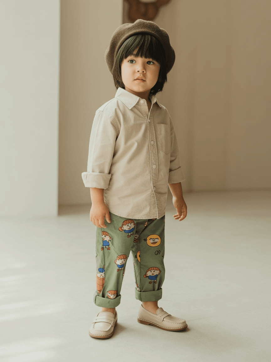 Beige Button-Up Shirt With Olive Green Trousers Printed With Cartoon Graphics, Paired With Beige Slip-On Shoes And An Olive Beret.