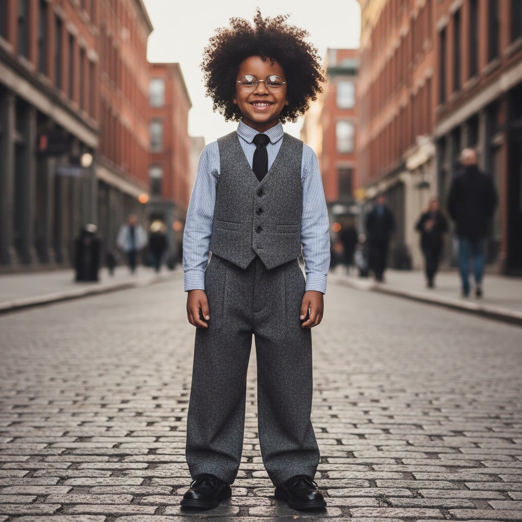 Grey Vest With Striped Shirt And Black Tie, Paired With Wide-Leg Trousers, Round Glasses, And Black Shoes.
