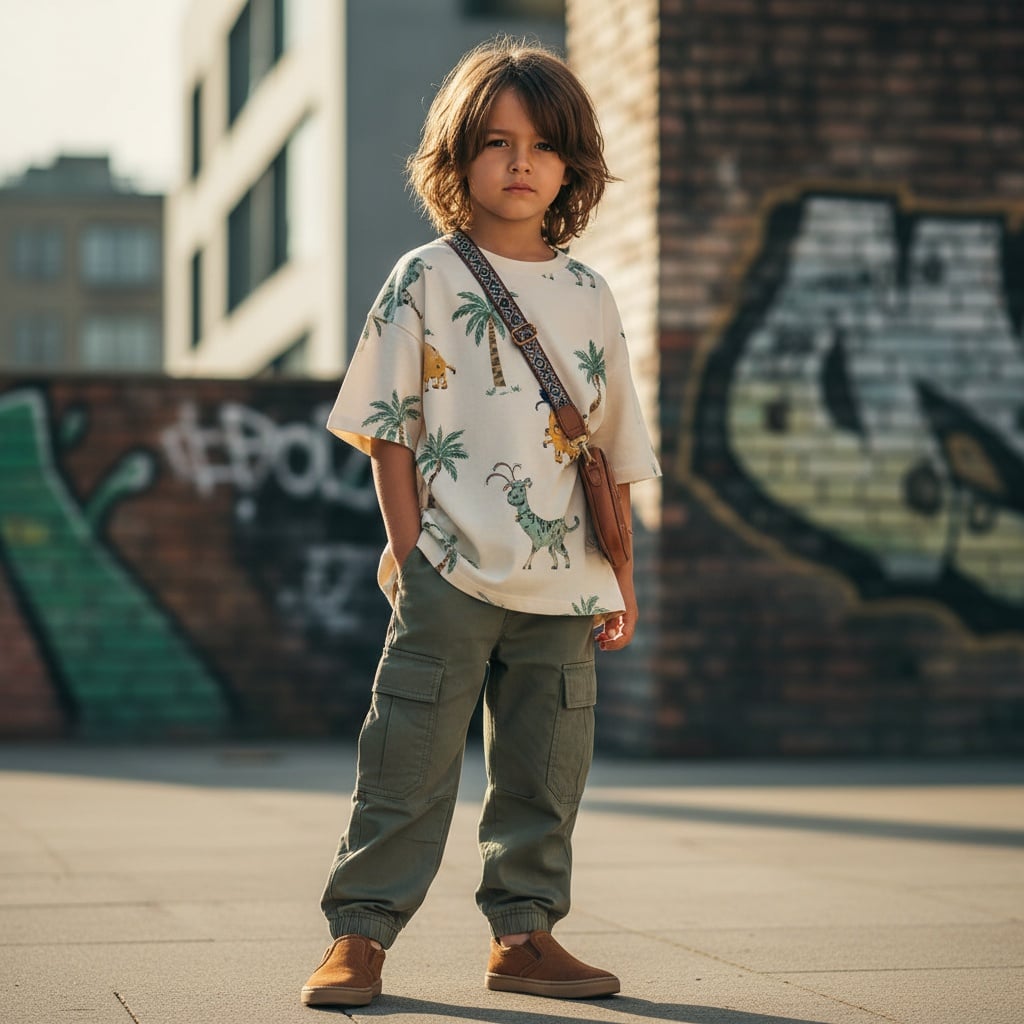 Oversized Beige Printed T-Shirt With Olive Cargo Pants, Paired With Brown Slip-On Shoes And Crossbody Bag.