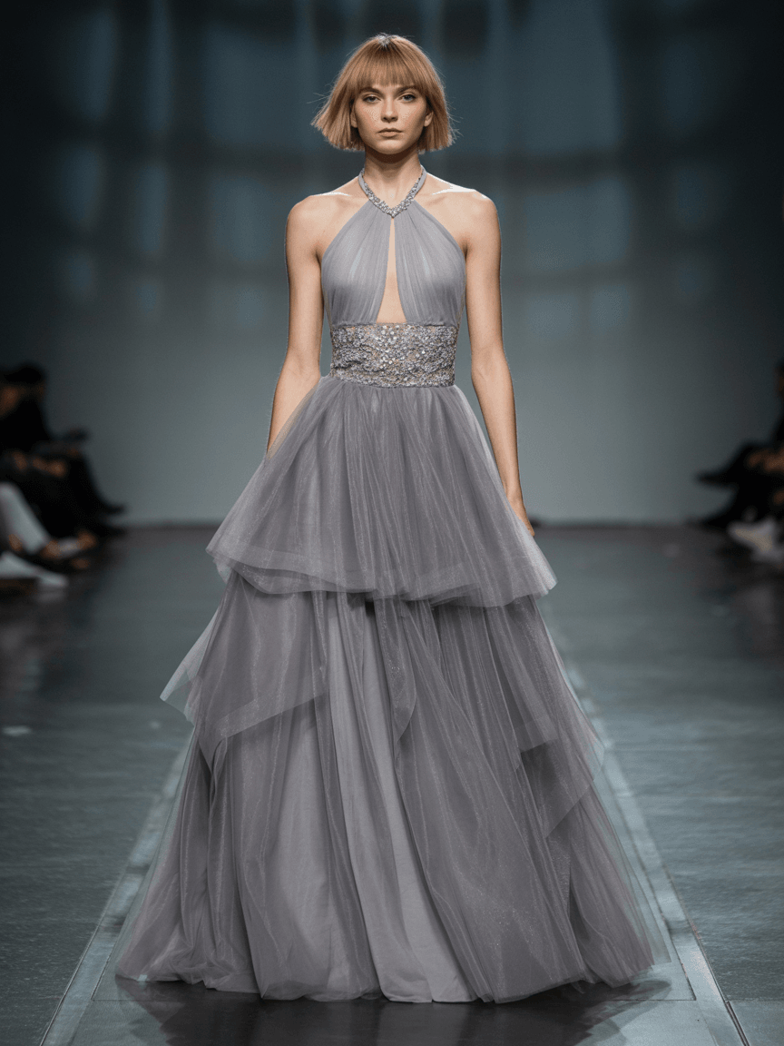 Floor-Length Grey Tulle Gown With Halter Neckline, Sequined Bodice, And Cascading Layered Skirt.