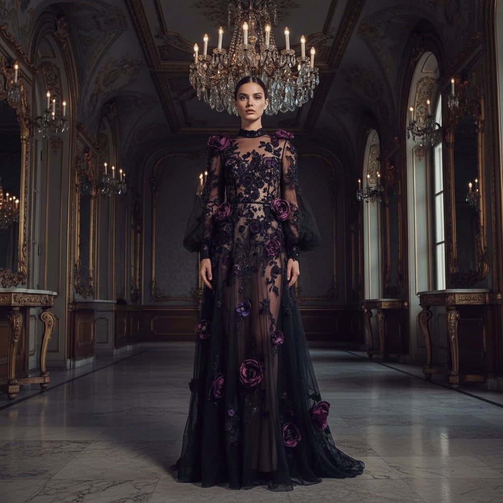 Black Sheer Gown With Floral Embroidery And Deep Purple 3d Appliqué Flowers.
