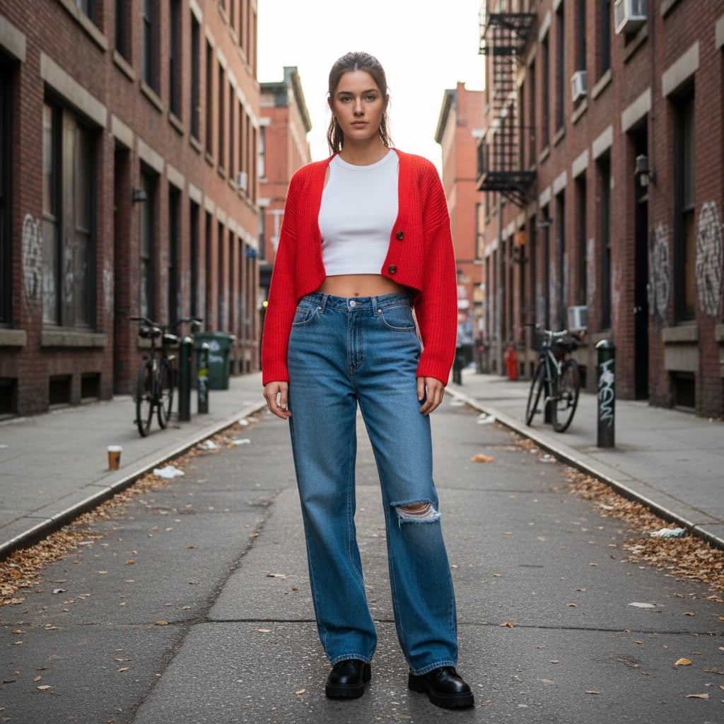 Red Cropped Cardigan With White Crop Top, Wide-Leg Blue Jeans, And Black Chunky Shoes.